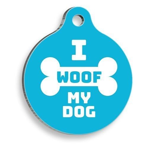Pet Tag Art I Woof My Dog Mavi Yuvarlak Köpek Künyesi