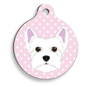 Pet Tag Art Pembe Puantiyeli Batı Highland Beyaz Terrier Yuvarlak Köpek Künyesi