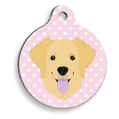 Pet Tag Art Puantiyeli Pembe Golden Retriever Yuvarlak Köpek Künyesi