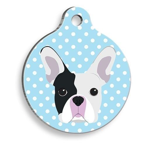 Pet Tag Art Mavi Puantiyeli Boston Terrier Yuvarlak Köpek Künyesi