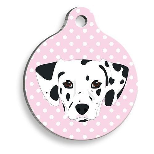 Pet Tag Art Pembe Puantiyeli Dalmaçyalı Yuvarlak Köpek Künyesi