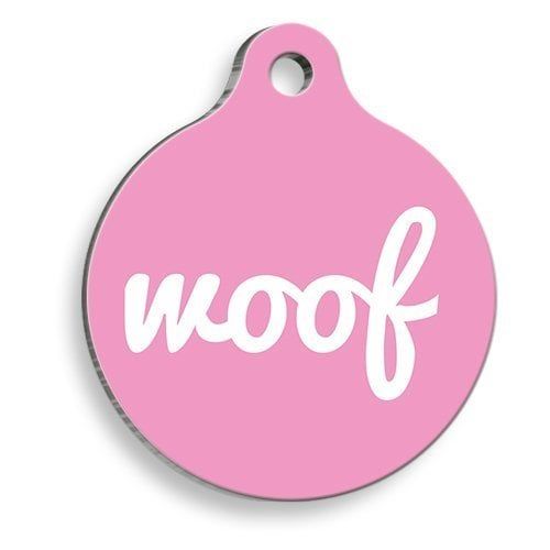 Pet Tag Art Pembe Woof Yuvarlak Köpek Künyesi