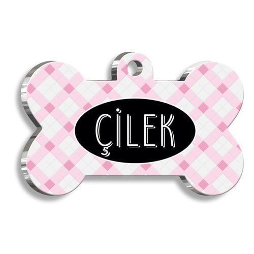 Pet Tag Art Pembe Ekoseli Kemik Şekilli Köpek Künyesi