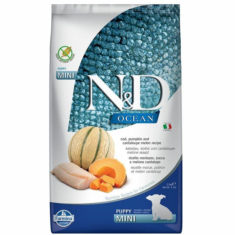 N-D Ocean Tahılsız Morina Balıklı Balkabaklı Kavunlu Mini Puppy 2,5 Kg Yavru Köpek Maması