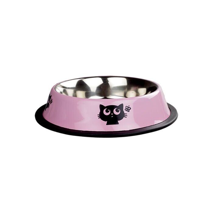 OripetOripet Kedi Desenli Pembe Çelik Mama Kabı 8 Oz 12 cm