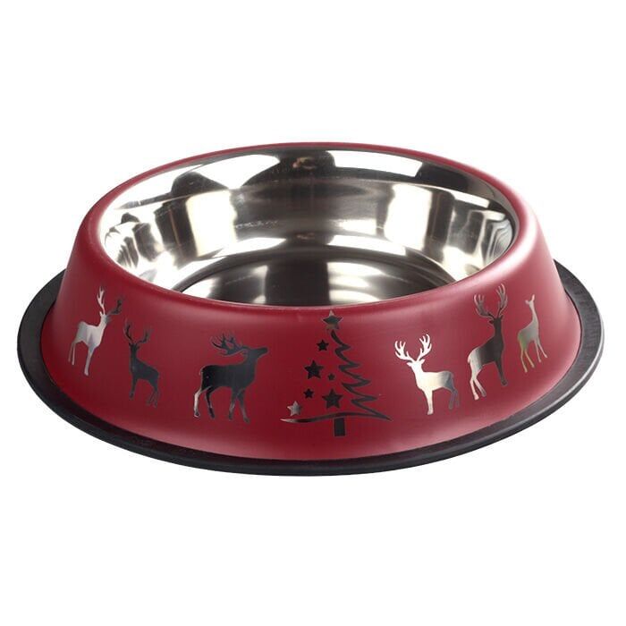 Oripet Yılbaşı Desenli Bordo Kedi ve Köpek Çelik Mama Kabı 24 Oz 17 cm