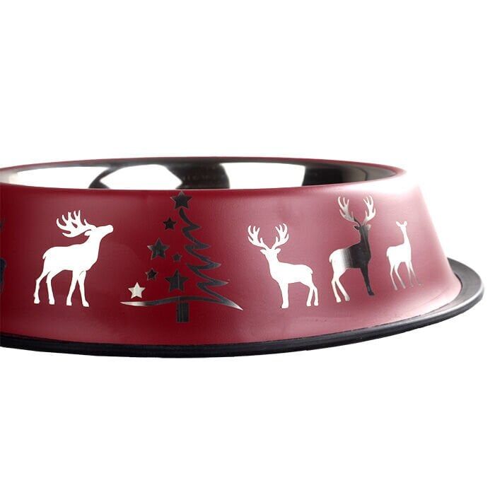 Oripet Yılbaşı Desenli Bordo Kedi ve Köpek Çelik Mama Kabı 32 Oz 18 cm