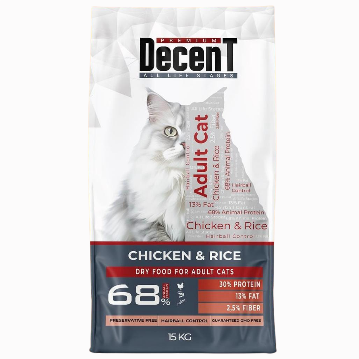 Decent Adult Hairball Cat Yetişkin Kedi Maması 15 Kg Tavuklu ve Pirinçli