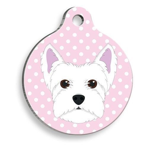 Pet Tag Art Pembe Puantiyeli Batı Highland Beyaz Terrier Yuvarlak Köpek Künyesi Small: 2,5 cm.